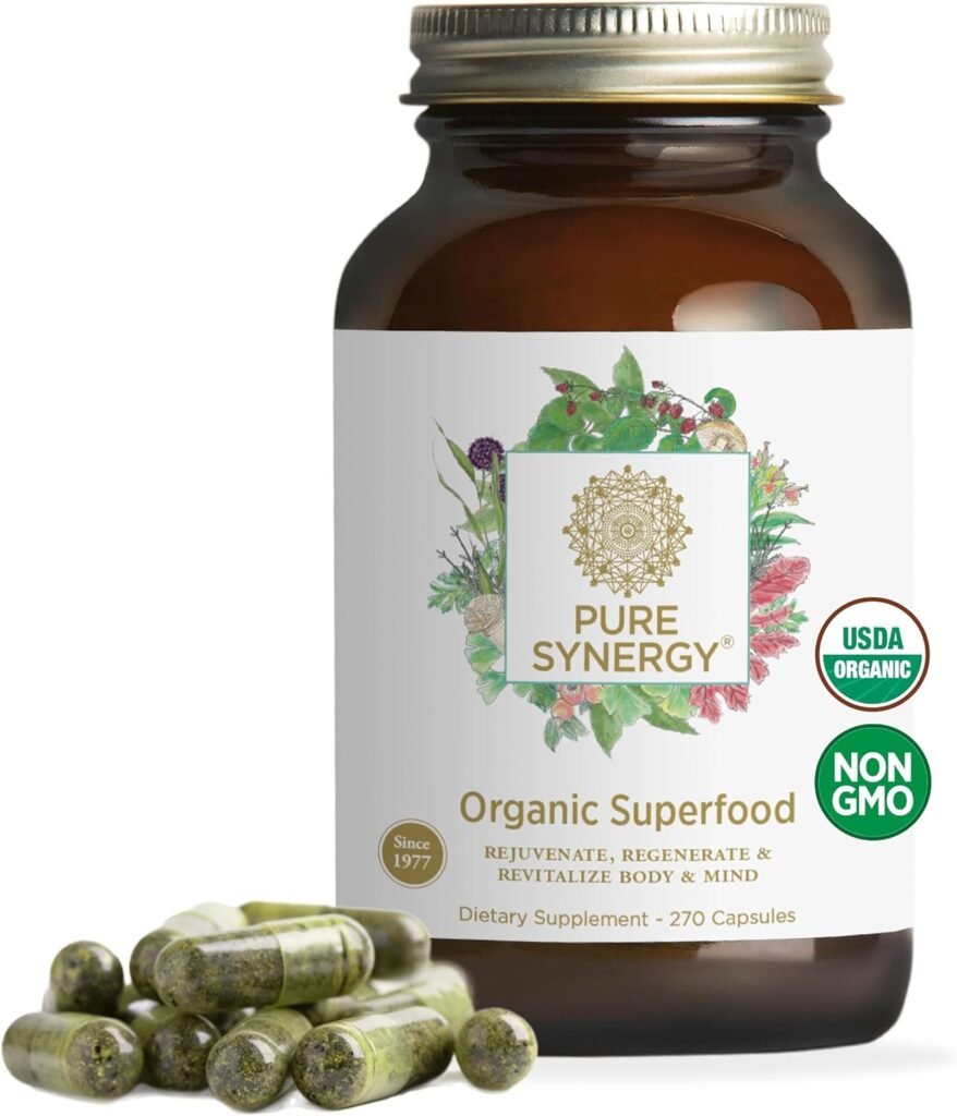 PURE SYNERGY Superfood Capsules | Organic Superfood  Greens Supplement | Whole Food Capsules with Super Greens, Spirulina,  Mushrooms | for Energy, Healthy Aging  Immune Health (270 Capsules)