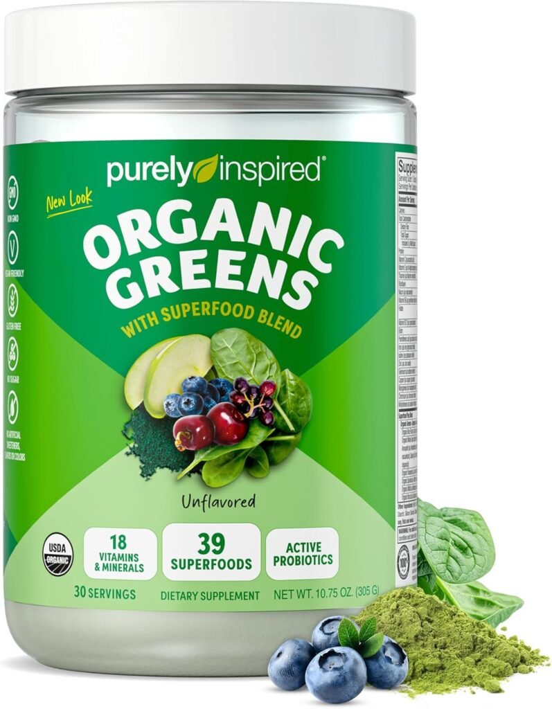 Purely Inspired Organic Green Powder Smoothie Mix, Unflavored (24 Servings) - Probiotics for Digestive Health with Spirulina  Chlorella for Gut Health - Vegan  Gluten-Free