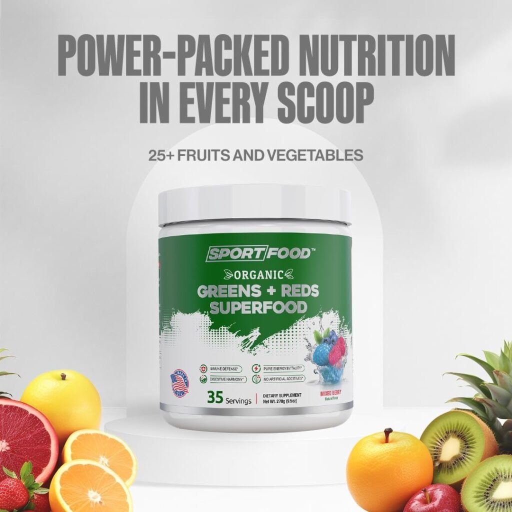 SPORTFOOD Organic Greens  Reds Superfood Powder | Mixed Berry Flavor | 25+ Super Fruits  Veggies, Beets, Prebiotics | Energizing, Antioxidant-Rich, Keto-Friendly Smoothie Mix | 35 Servings