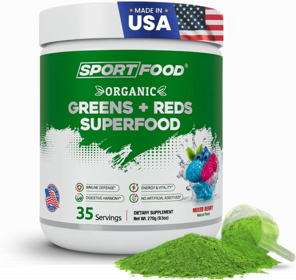 SPORTFOOD Organic Greens  Reds Superfood Powder | Mixed Berry Flavor | 25+ Super Fruits  Veggies, Beets, Prebiotics | Energizing, Antioxidant-Rich, Keto-Friendly Smoothie Mix | 35 Servings