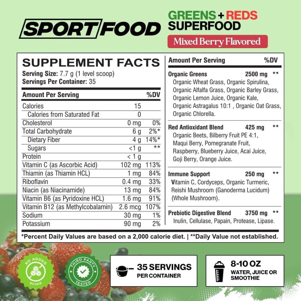 SPORTFOOD Organic Greens  Reds Superfood Powder | Mixed Berry Flavor | 25+ Super Fruits  Veggies, Beets, Prebiotics | Energizing, Antioxidant-Rich, Keto-Friendly Smoothie Mix | 35 Servings