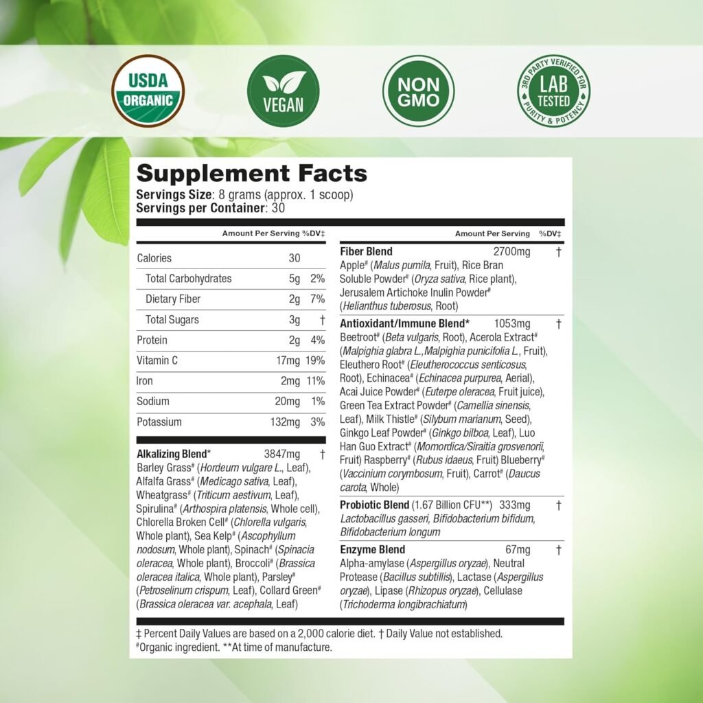 Super Greens Daily Greens Superfood Powder - Certified USDA Organic Green Powder w/20+ Whole Foods, Spirulina Powder, Wheat  Barley Grass - Probiotics, Fiber  Enzymes - Original Flavour, 30 Servings