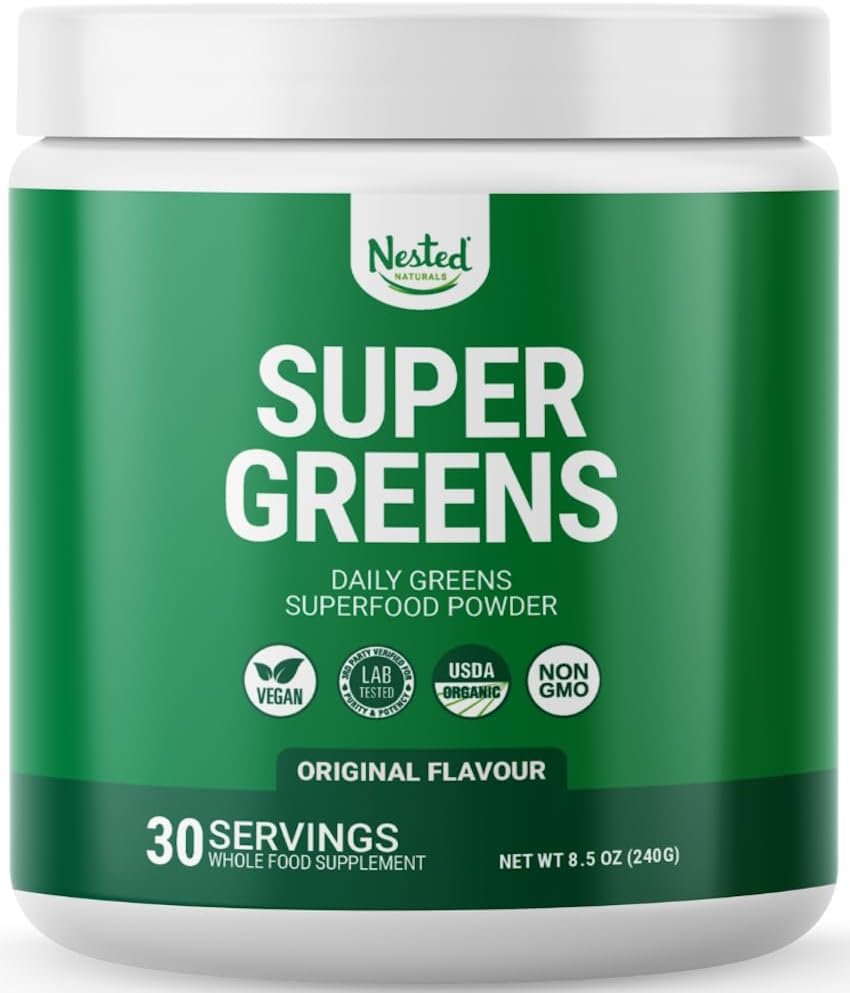 Super Greens Daily Greens Superfood Powder - Certified USDA Organic Green Powder w/20+ Whole Foods, Spirulina Powder, Wheat  Barley Grass - Probiotics, Fiber  Enzymes - Original Flavour, 30 Servings