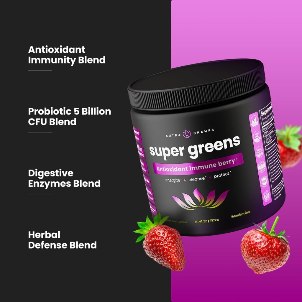 Super Greens Powder Premium Antioxidant Superfood | Organic Greens Fruit and Veggie Vegan Supplement | 40+ Greens and Superfoods Including Wheatgrass  Spirulina | Probiotic Powder Greens, Sweet Berry