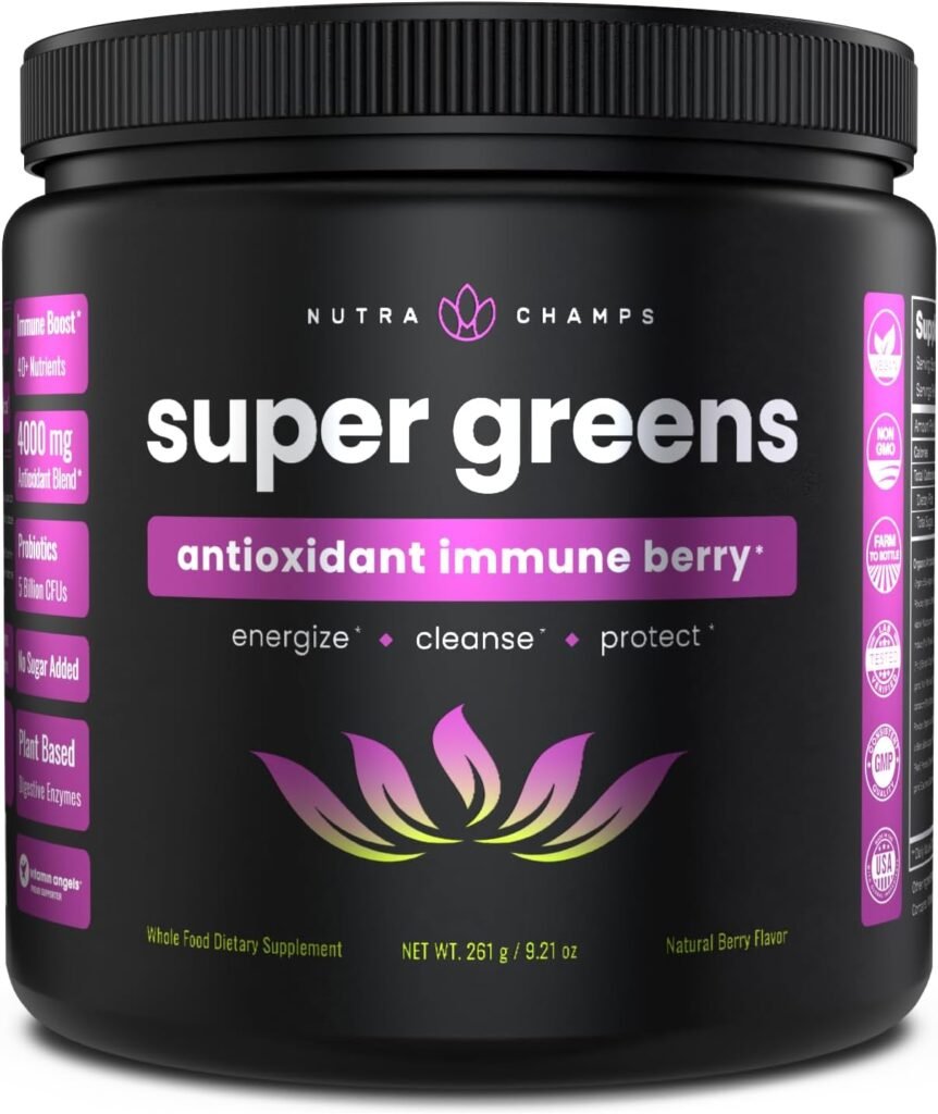 Super Greens Powder Premium Antioxidant Superfood | Organic Greens Fruit and Veggie Vegan Supplement | 40+ Greens and Superfoods Including Wheatgrass  Spirulina | Probiotic Powder Greens, Sweet Berry