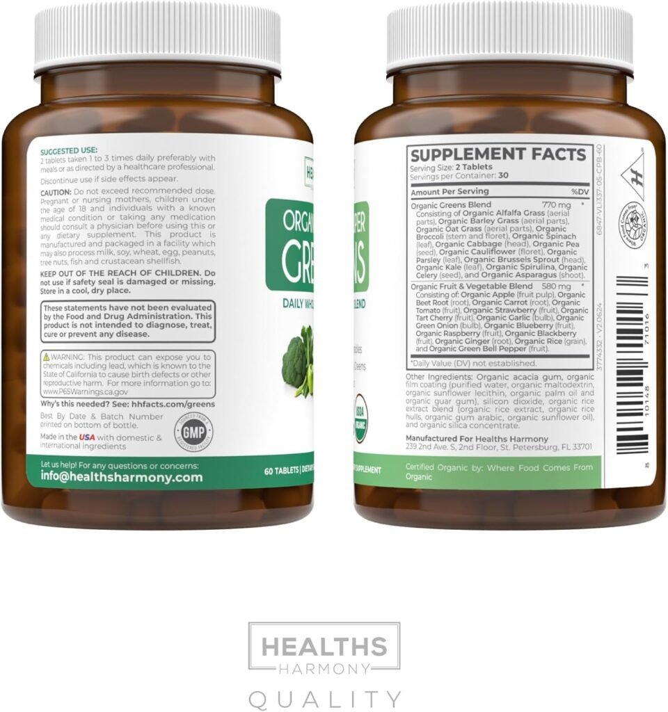 USDA Organic Greens Powder (180 Tablets) Convenient Pills - Complete Superfood Supplement with 28 Fruits  Vegetables - Super Antioxidants, Energy, Gut Health, and Immune Support (No Capsules)