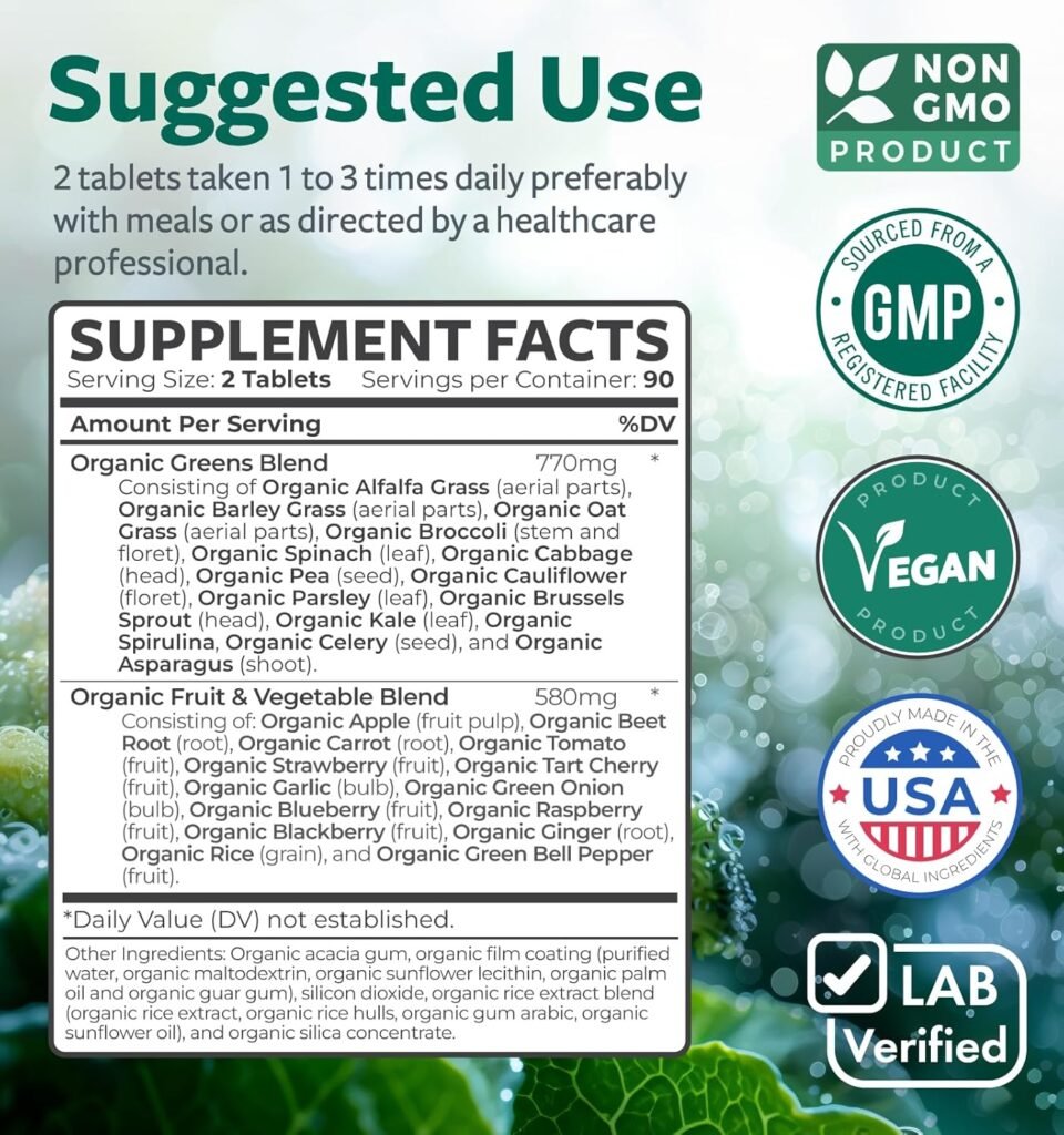 USDA Organic Greens Powder (180 Tablets) Convenient Pills - Complete Superfood Supplement with 28 Fruits  Vegetables - Super Antioxidants, Energy, Gut Health, and Immune Support (No Capsules)