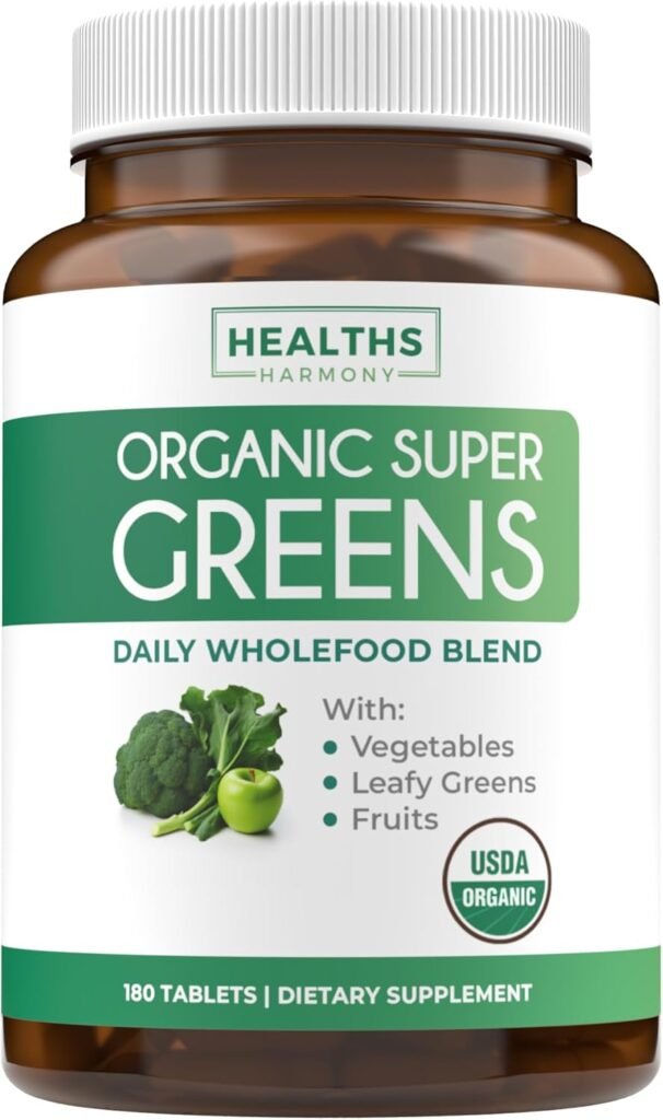 USDA Organic Greens Powder (180 Tablets) Convenient Pills - Complete Superfood Supplement with 28 Fruits  Vegetables - Super Antioxidants, Energy, Gut Health, and Immune Support (No Capsules)