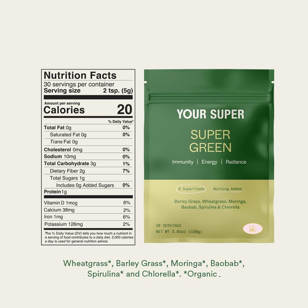 Your Super Organic Super Green Smoothie Mix – Superfood Powder for Natural Immune Support, Made with Wheatgrass, Barley Grass, Moringa, Spirulina, Chlorella  Baobab Powder (30 Servings)