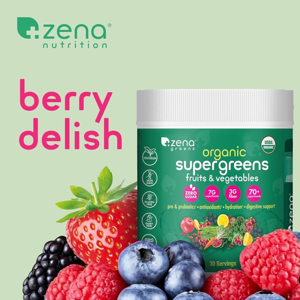 Zena Organic Super Greens Powder, 70+ Superfoods Drink Mix, 0 Sugar, 3G Fiber, Fruits, Veggies, Spirulina, Chlorella, Antioxidants, Pre  Probiotics, Digestive Enzymes, Mixed Berry Flavor, 30 Servings