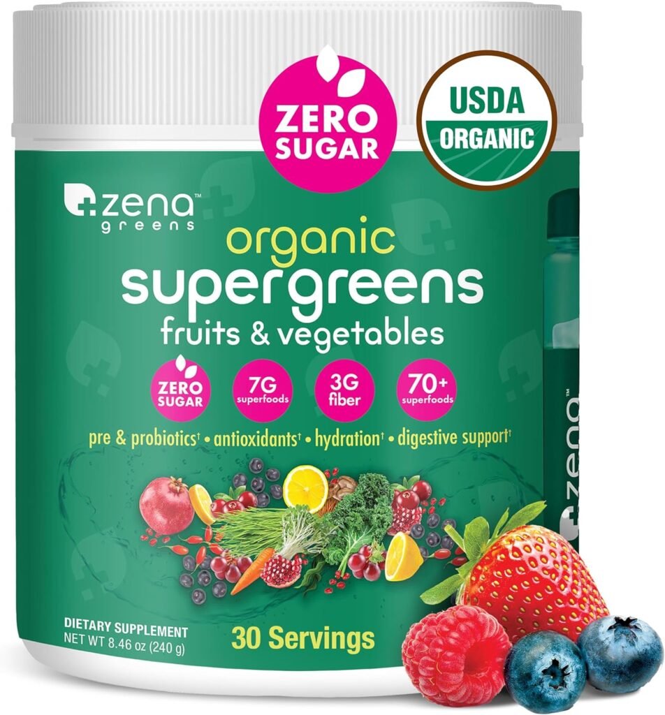 Zena Organic Super Greens Powder, 70+ Superfoods Drink Mix, 0 Sugar, 3G Fiber, Fruits, Veggies, Spirulina, Chlorella, Antioxidants, Pre  Probiotics, Digestive Enzymes, Mixed Berry Flavor, 30 Servings